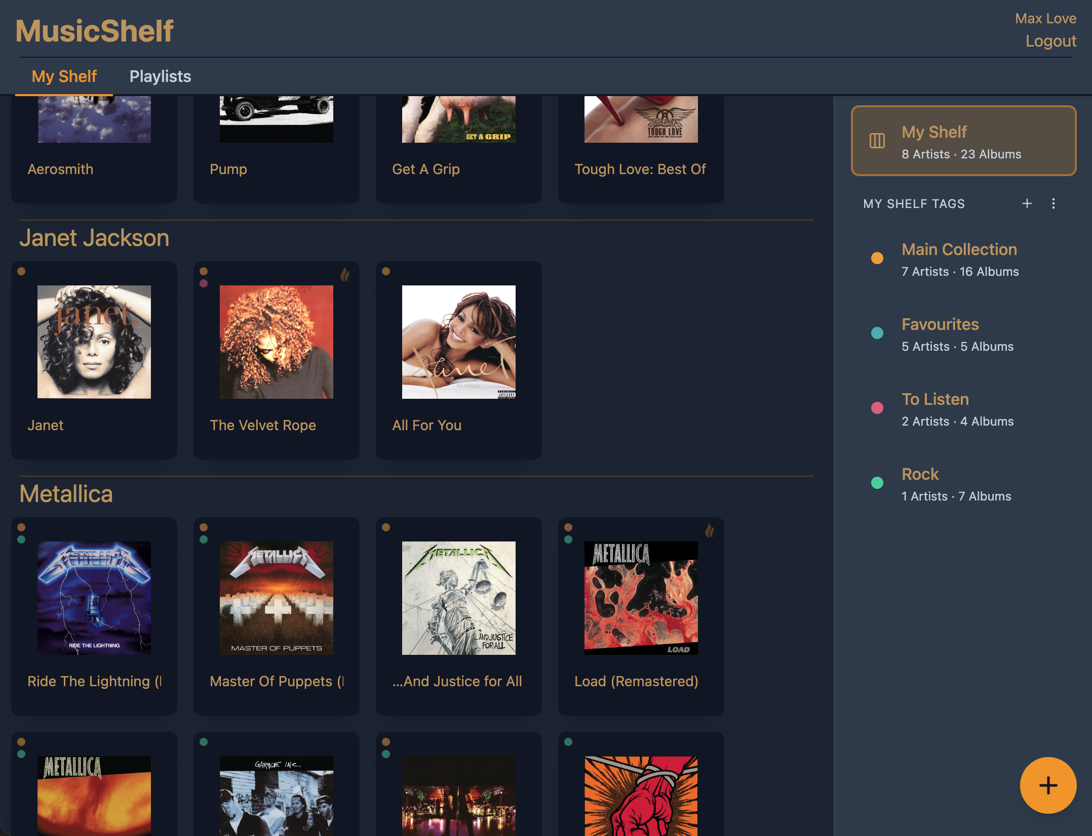 A shelf with albums organized by artist